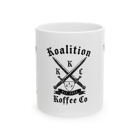 Koalition Koffee Co. Logo Ceramic Mug — Vintage Skull & Swords Coffee Cup (11oz/15oz)